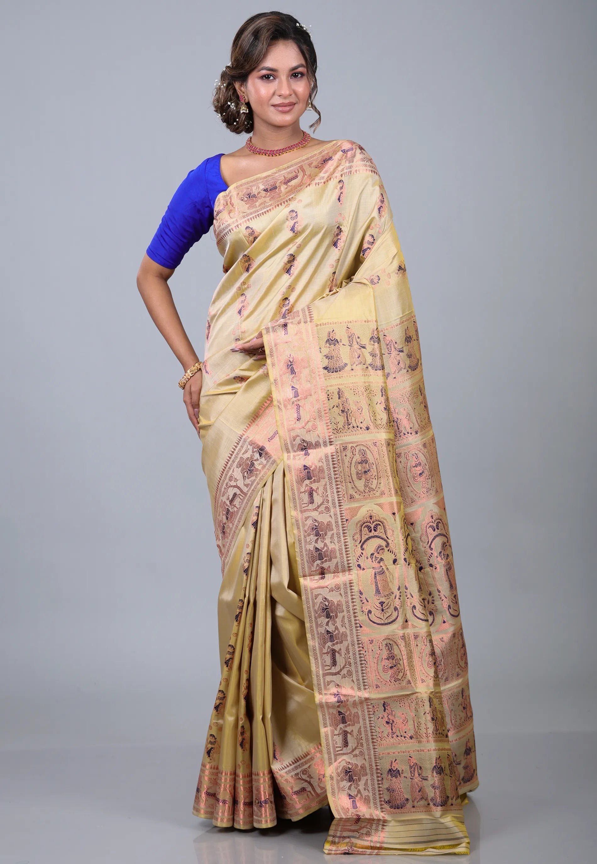 Tussar Colour Pure Baluchuri Sornochuri Silk Saree with Blouse Piece - Adi Akshoy & Co.