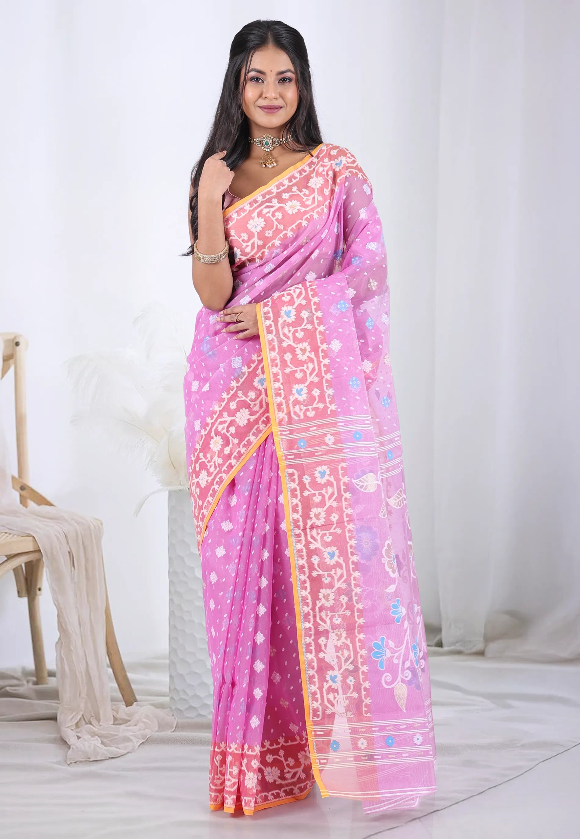 Pink Dhakai Jamdani Cotton Saree without Blouse Piece  – Adi Akshoy & Co.