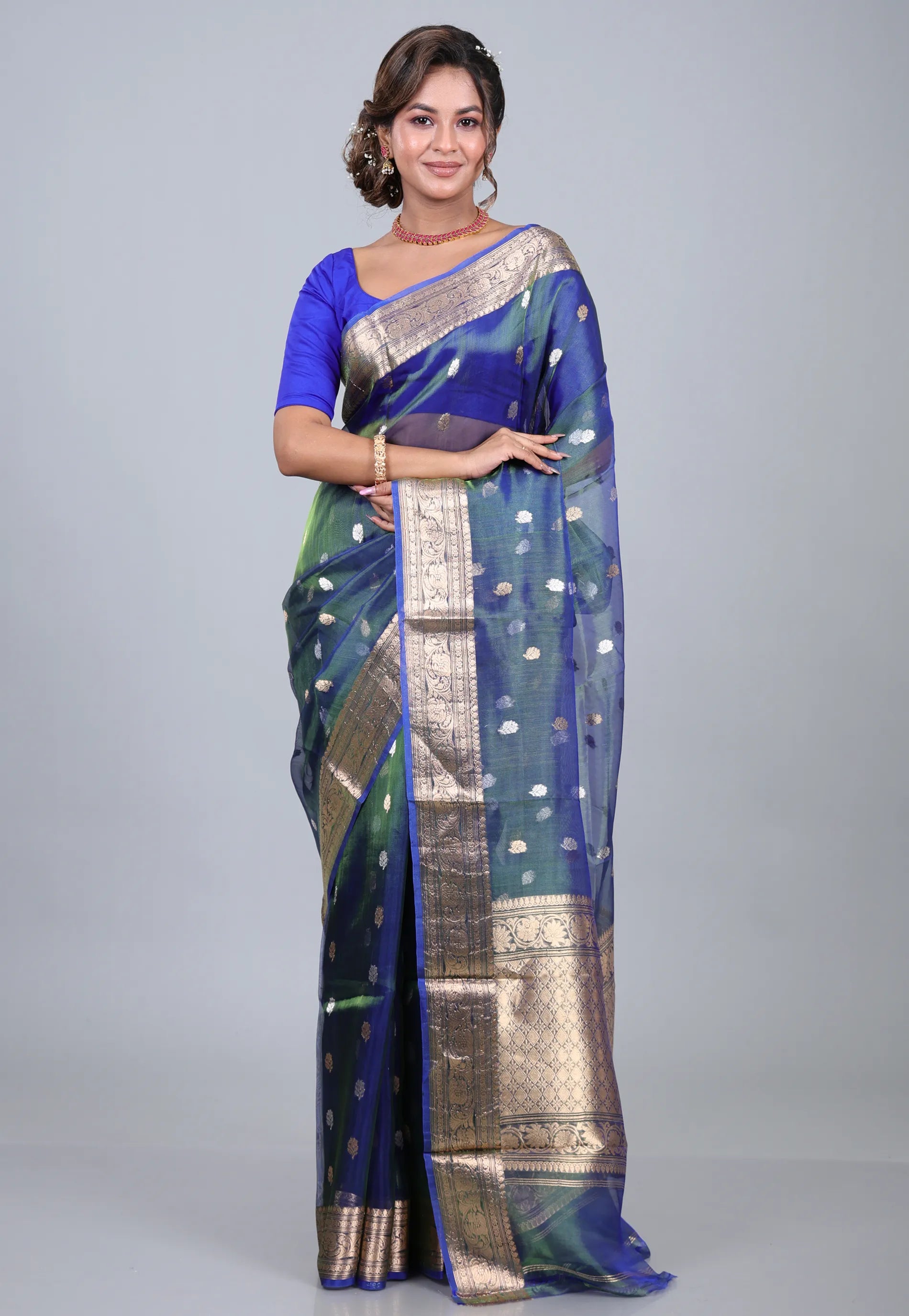 Cross Blue Pure Tissue Katan Silk Saree with Blouse Piece - Adi Akshoy & Co.