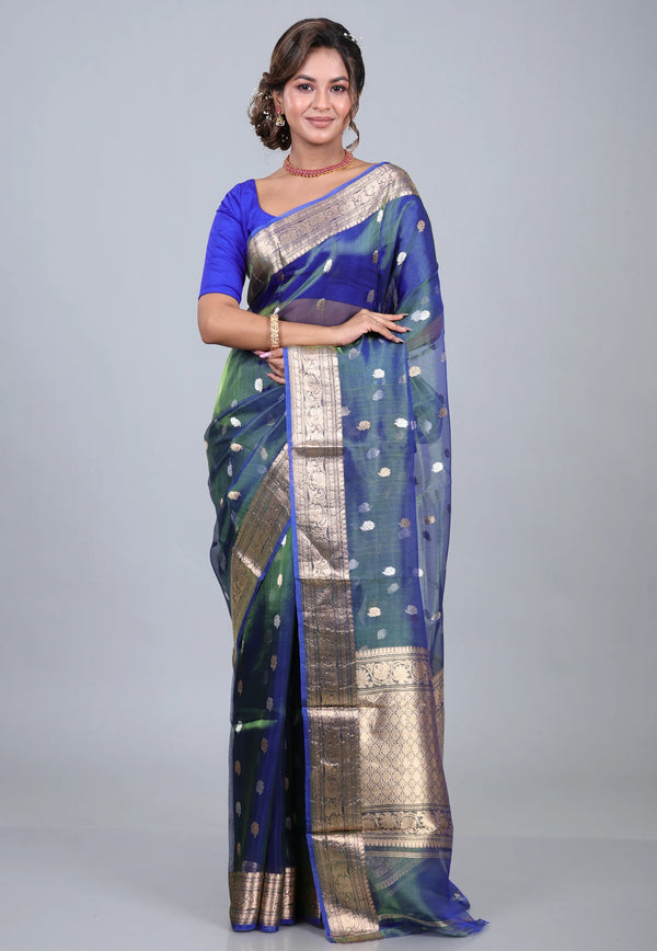 Cross Blue Pure Tissue Katan Silk Saree with Blouse Piece - Adi Akshoy & Co.