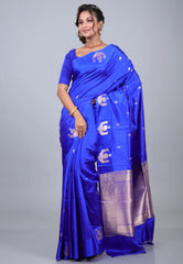 Royal Blue Pure Katan Silk Saree with Blouse Piece - Adi Akshoy & Co.