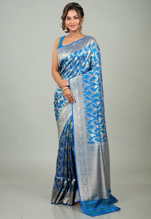 Sky Blue Pure Meena Katan Silk Saree with Blouse Piece - Adi Akshoy & Co.
