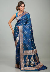Peacock Blue Wedding Banarasi Silk Saree with Blouse Piece - Adi Akshoy & Co.