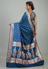Peacock Blue Wedding Banarasi Silk Saree with Blouse Piece - Adi Akshoy & Co.