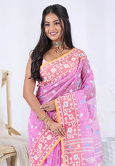 Pink Dhakai Jamdani Cotton Saree without Blouse Piece  – Adi Akshoy & Co.
