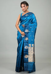 Cross Blue Pure Katan Silk Saree with Blouse Piece - Adi Akshoy & Co.