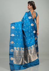 Cross Blue Pure Katan Silk Saree with Blouse Piece - Adi Akshoy & Co.