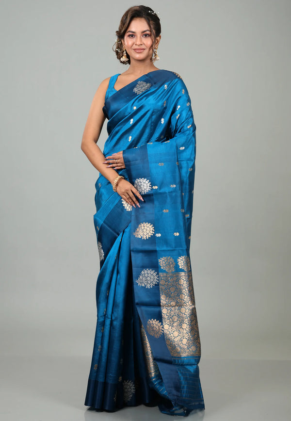 Cross Blue Pure Katan Silk Saree with Blouse Piece - Adi Akshoy & Co.