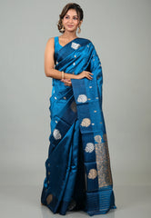 Cross Blue Pure Katan Silk Saree with Blouse Piece - Adi Akshoy & Co.