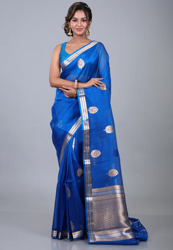 Royal Blue Pure Kora Silk Saree with Blouse Piece - Adi Akshoy & Co.