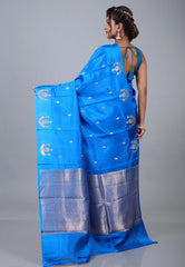 Cross Blue Pure Katan Silk Saree with Blouse Piece - Adi Akshoy & Co.