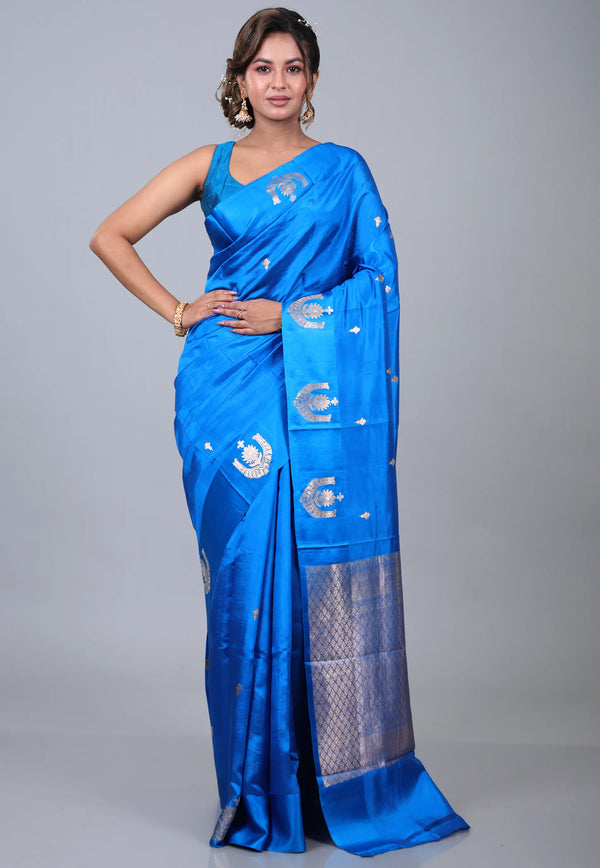 Cross Blue Pure Katan Silk Saree with Blouse Piece - Adi Akshoy & Co.