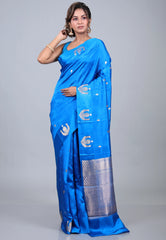 Cross Blue Pure Katan Silk Saree with Blouse Piece - Adi Akshoy & Co.
