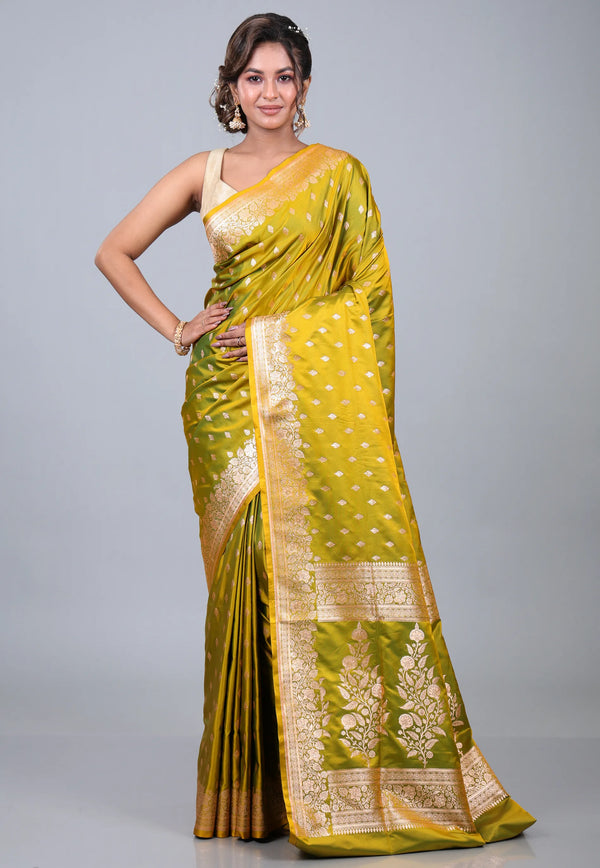 Cross Olive Pastel Banarasi Saree With Blouse Piece - Adi Akshoy & Co.