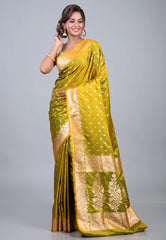 Cross Olive Pastel Banarasi Saree With Blouse Piece - Adi Akshoy & Co.