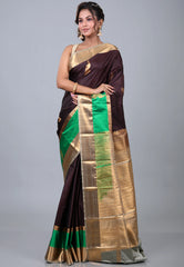 Deep Brown Kanjivaram Silk Saree with Blouse Piece - Adi Akshoy & Co.