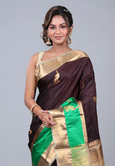 Deep Brown Kanjivaram Silk Saree with Blouse Piece - Adi Akshoy & Co.