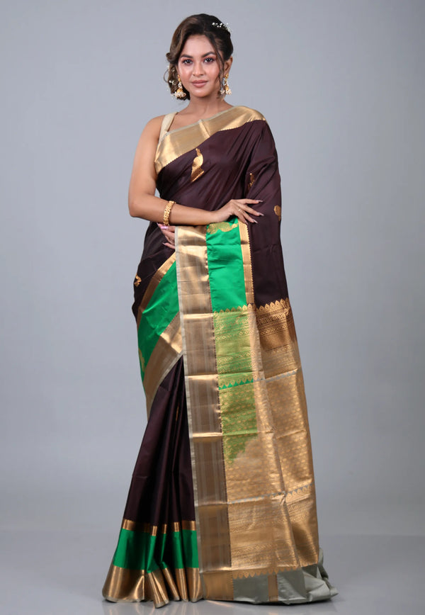 Deep Brown Kanjivaram Silk Saree with Blouse Piece - Adi Akshoy & Co.