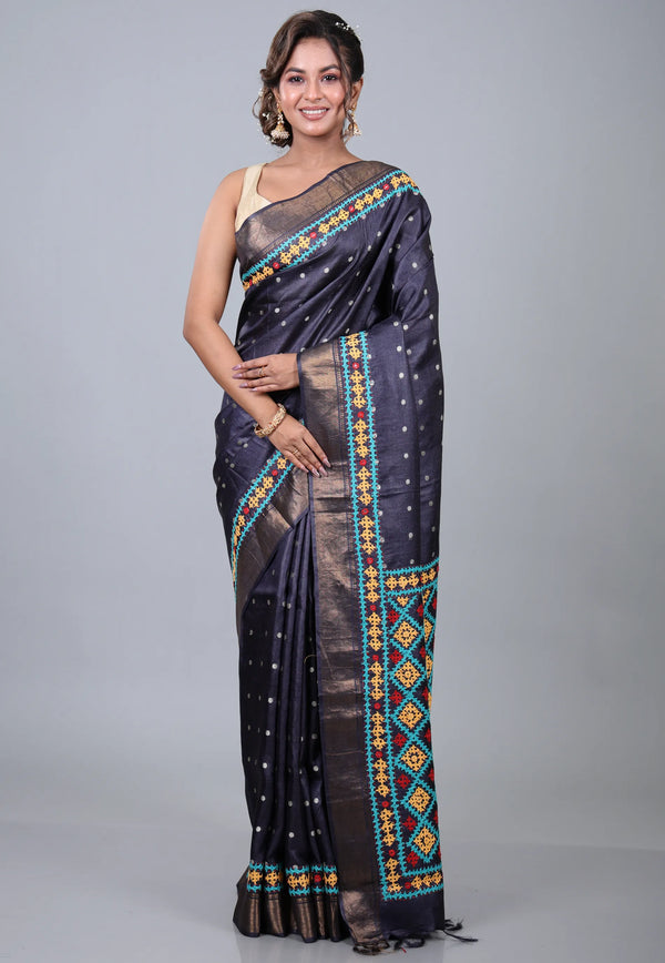 Deep Navy Blue Pure Tussar Kantha Silk Saree With Blouse Piece - Adi Akshoy & Co.