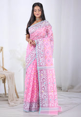 Pink Dhakai Jamdani Cotton Saree without Blouse Piece  – Adi Akshoy & Co.