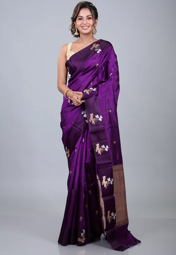 Cross Violet Pure Katan Silk Saree with Blouse Piece - Adi Akshoy & Co.