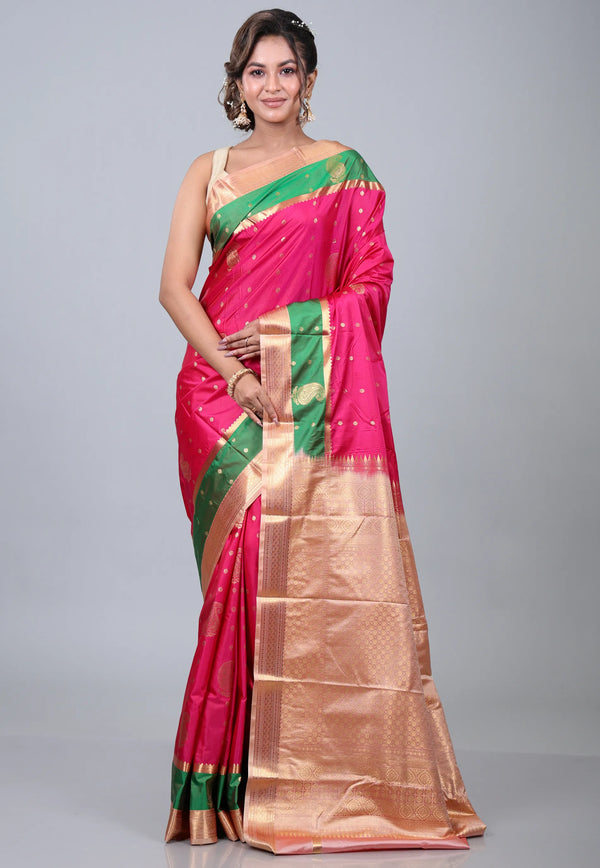 Rani Pink Kanjivaram Silk Saree with Blouse Piece - Adi Akshoy & Co.