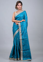 Teal Blue Pure Tussar Kantha Silk Saree With Blouse Piece - Adi Akshoy & Co.
