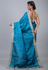 Teal Blue Pure Tussar Kantha Silk Saree With Blouse Piece - Adi Akshoy & Co.