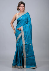 Teal Blue Pure Tussar Kantha Silk Saree With Blouse Piece - Adi Akshoy & Co.
