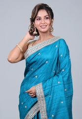 Teal Blue Pure Tussar Kantha Silk Saree With Blouse Piece - Adi Akshoy & Co.