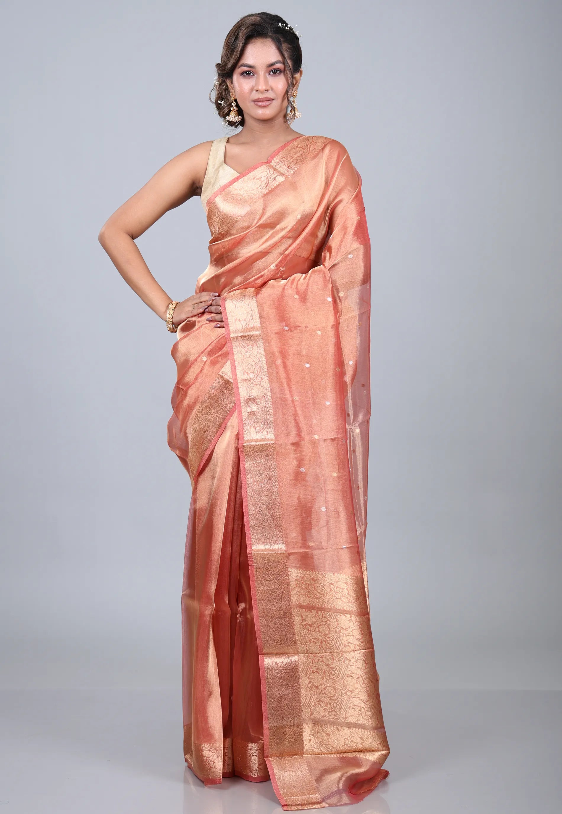 Peach Pure Tissue Katan Silk Saree with Blouse Piece - Adi Akshoy & Co.