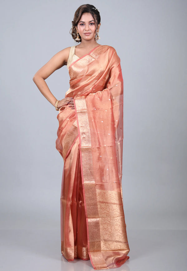 Peach Pure Tissue Katan Silk Saree with Blouse Piece - Adi Akshoy & Co.