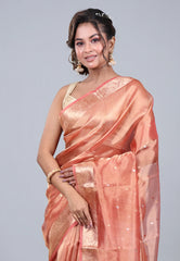 Peach Pure Tissue Katan Silk Saree with Blouse Piece - Adi Akshoy & Co.