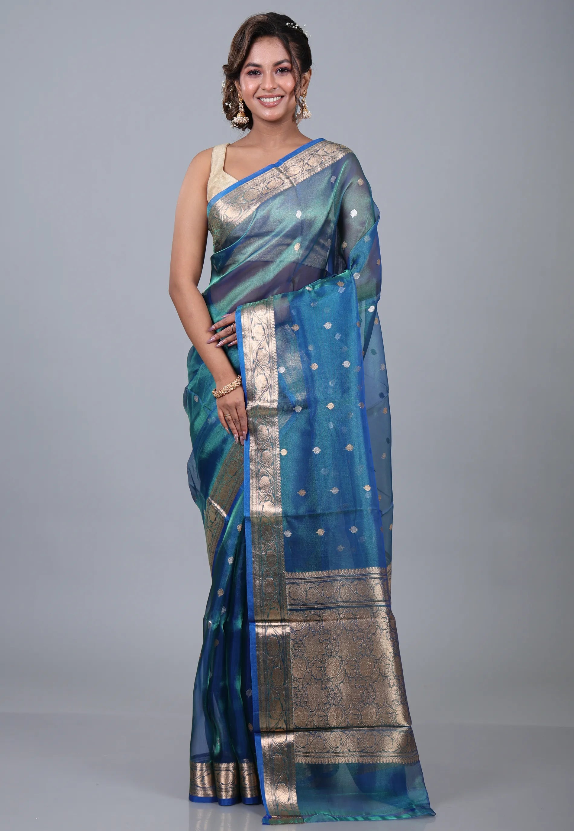 Cross Blue Pure Tissue Katan Silk Saree with Blouse Piece - Adi Akshoy & Co.