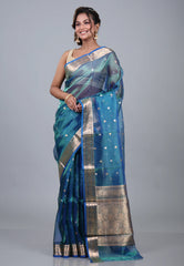 Cross Blue Pure Tissue Katan Silk Saree with Blouse Piece - Adi Akshoy & Co.