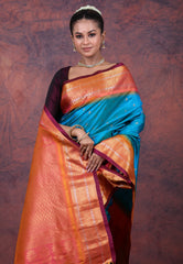 Turquoise Blue Pure Gadwal Silk Saree With Blouse Piece - Adi Akshoy & Co.