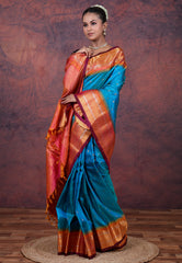 Turquoise Blue Pure Gadwal Silk Saree With Blouse Piece - Adi Akshoy & Co.