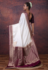 Off White Mashru Silk Saree with Blouse Piece - Adi Akshoy & Co.
