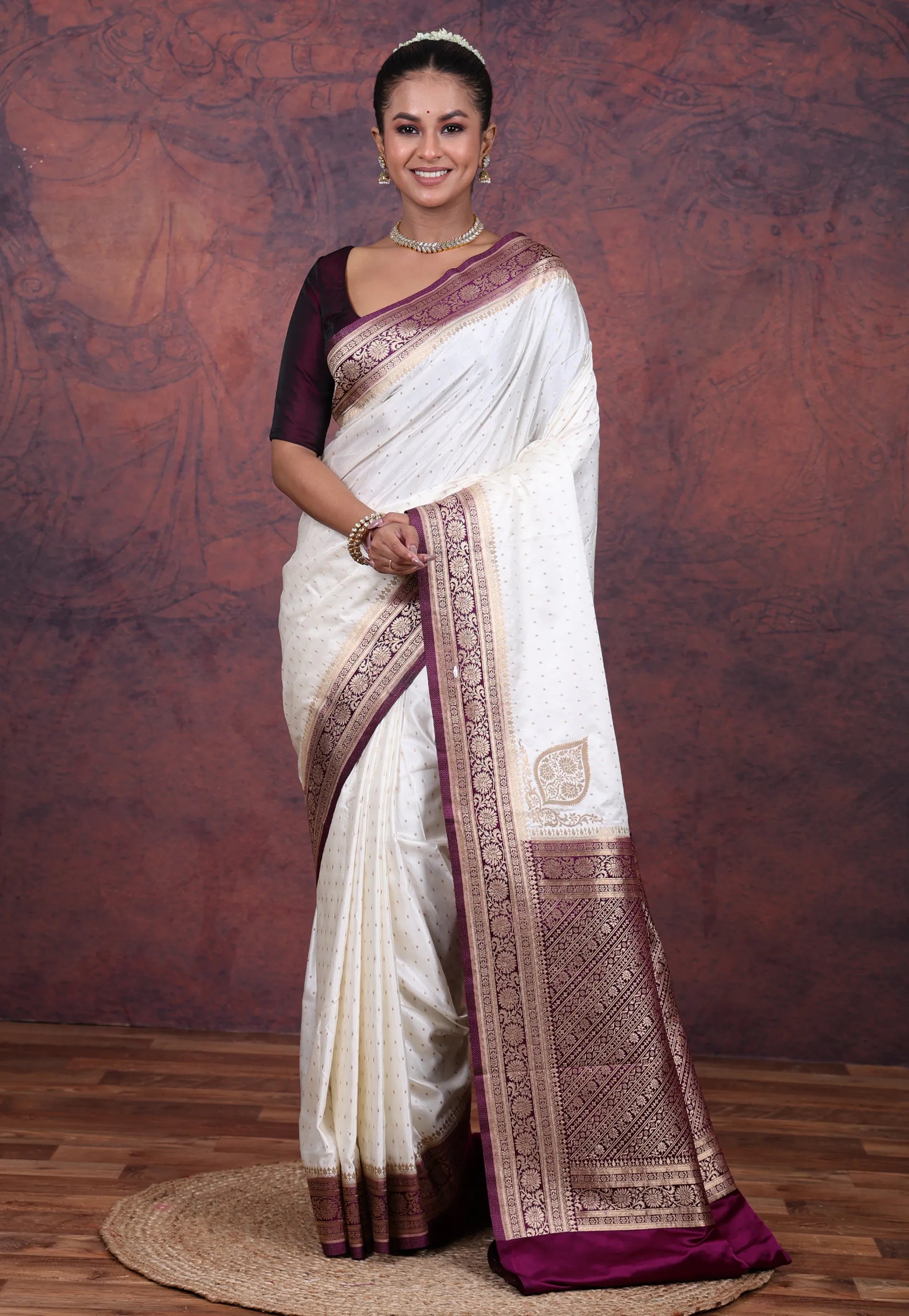 Off White Mashru Silk Saree with Blouse Piece - Adi Akshoy & Co.