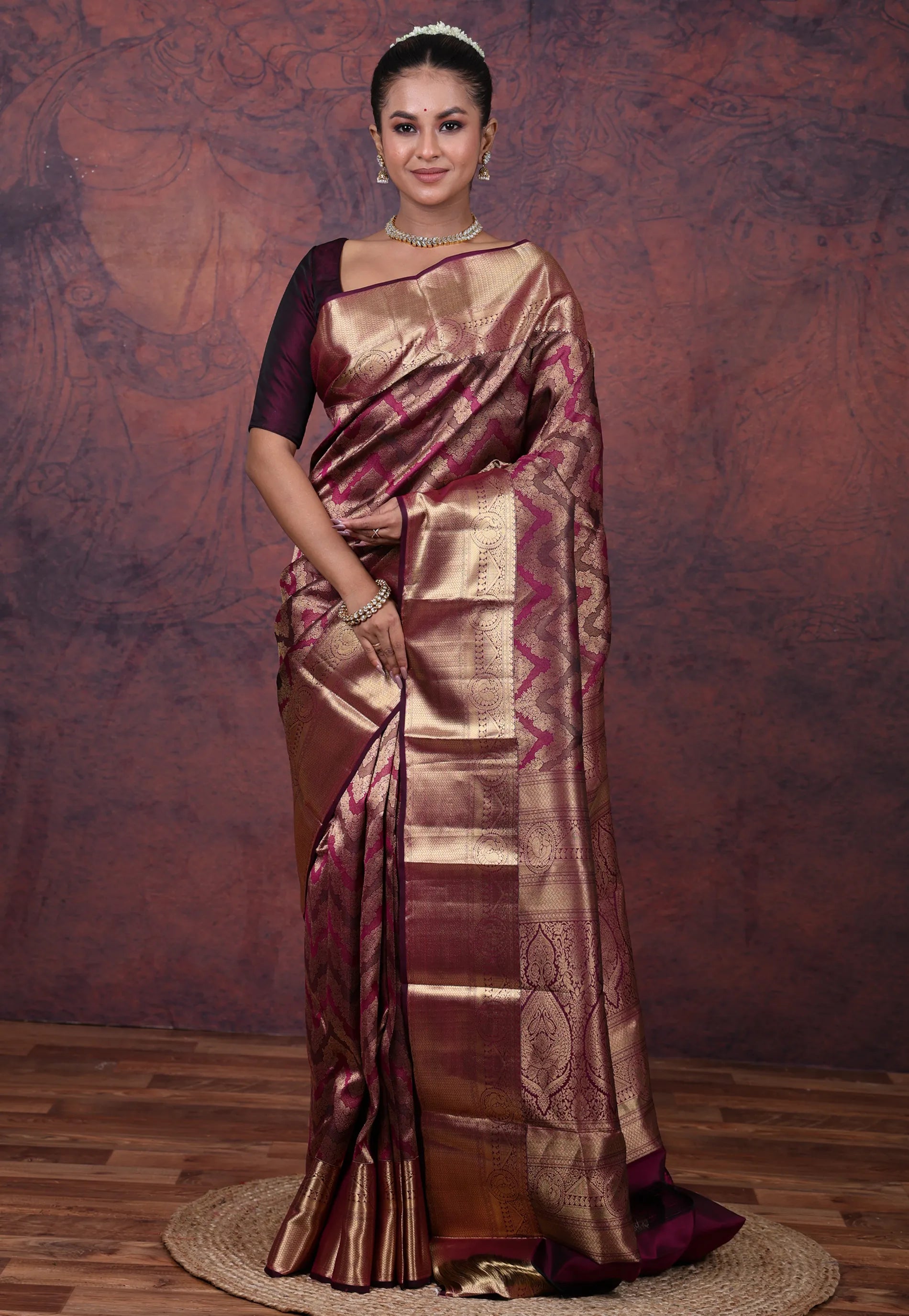Magenta Pure Kanjivaram Silk Saree with Blouse Piece - Adi Akshoy & Co.