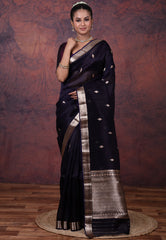 Deep Navy Blue Pure Kora Silk Saree with Blouse Piece - Adi Akshoy & Co.
