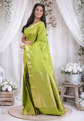 Parrot Green Pure Kanjivaram Silk Saree with Blouse Piece - Adi Akshoy & Co.