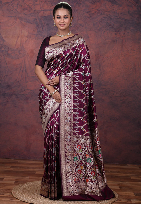 Wine Purple Pure Meena Katan Silk Saree with Blouse Piece - Adi Akshoy & Co.