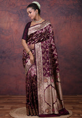 Wine Purple Pure Meena Katan Silk Saree with Blouse Piece - Adi Akshoy & Co.
