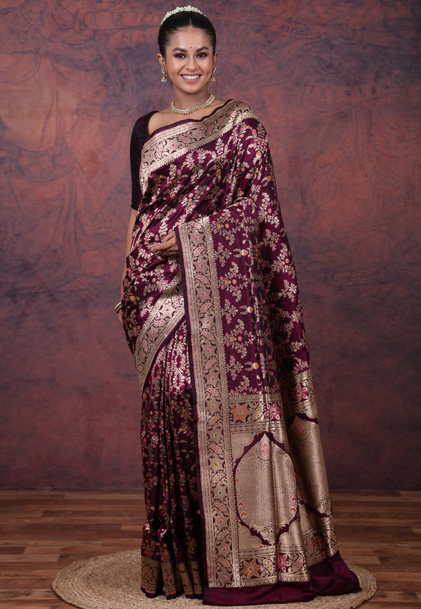 Wine Purple Pure Meena Katan Silk Saree with Blouse Piece - Adi Akshoy & Co.