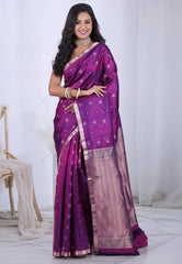 Cross Magenta with Zari work Pure Kanjivaram Silk Saree with Blouse Piece  – Adi Akshoy & Co.