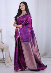 Cross Magenta with Zari work Pure Kanjivaram Silk Saree with Blouse Piece  – Adi Akshoy & Co.