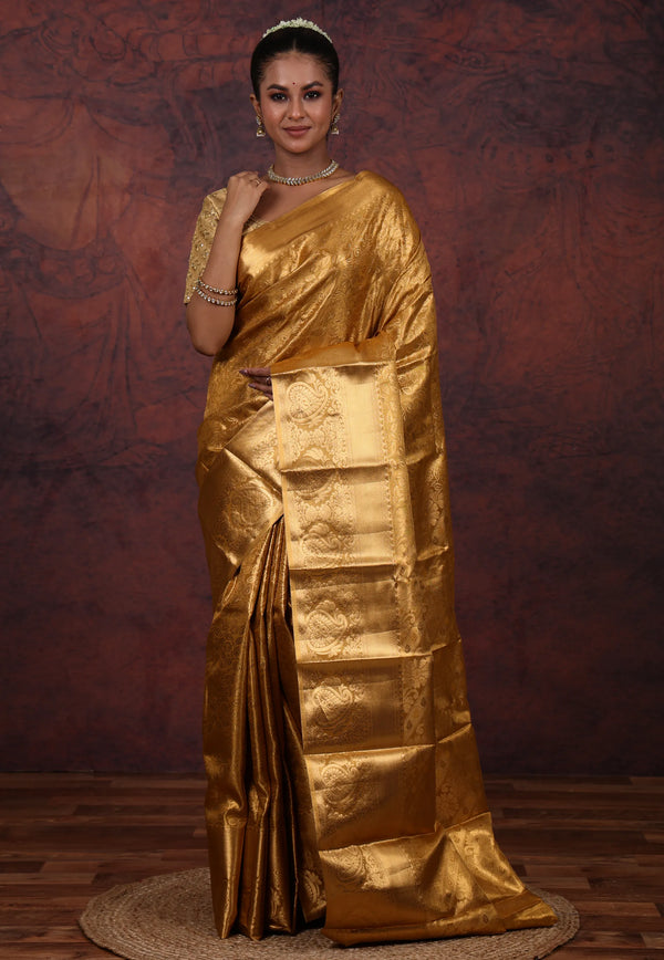Golden Brocade Tissue Kanjivaram Silk Saree With Blouse Piece - Adi Akshoy & Co.