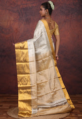 Silver Brocade Pure Tissue Kanjivaram Silk Saree With Blouse Piece - Adi Akshoy & Co.