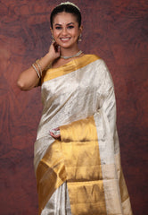 Silver Brocade Pure Tissue Kanjivaram Silk Saree With Blouse Piece - Adi Akshoy & Co.